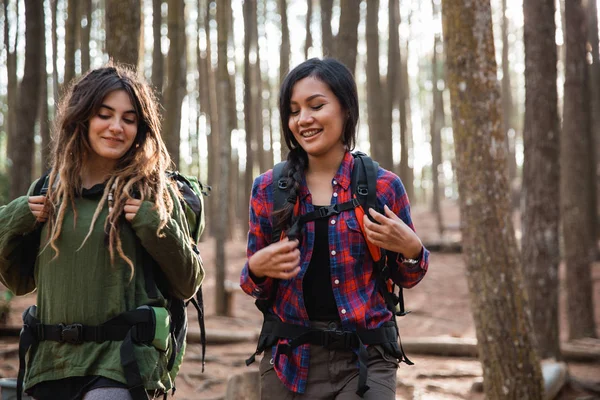 Dwóch młodych kobiet wycieczkowicz spaceru w pięknej przyrody — Zdjęcie stockowe