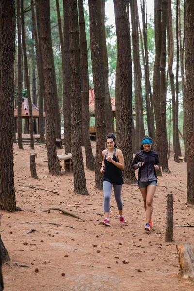 Dwie kobiety sportowy prowadził w lesie — Zdjęcie stockowe