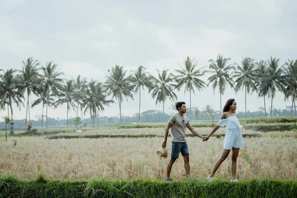 Pareja elegante caminar en arroz campo juntos — Foto de Stock