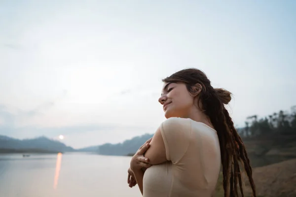 Portrait dreadlocks woman wake up in the morning — Stock Photo, Image