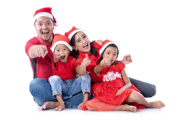 Christmas family asian pointing to camera — Stock Photo, Image