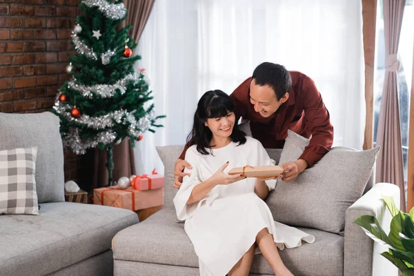 Encantador marido surpreendendo sua esposa com presente — Fotografia de Stock