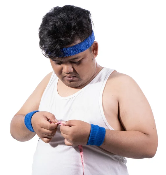 Portrait of sporty young man measure his chest size — Stock Photo, Image