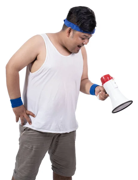 Retrato de gordura jovem abrir a boca com megafone de vista lateral — Fotografia de Stock