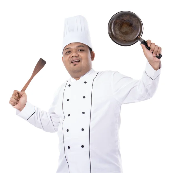 Imágenes de confianza del chef ingenio posan manos arriba sosteniendo la cacerola — Foto de Stock