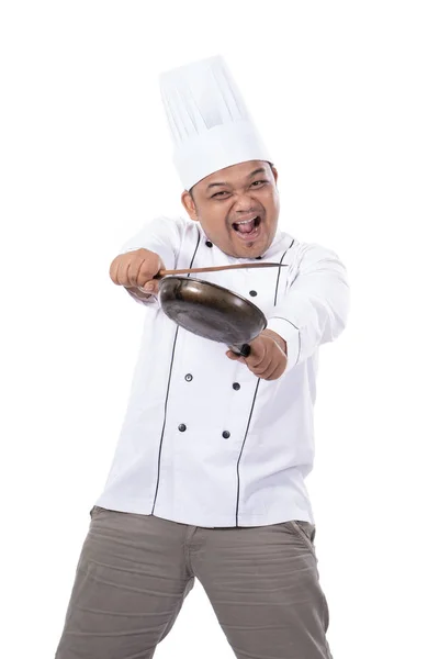 Imagens de chef com pose mãos segurando panela — Fotografia de Stock