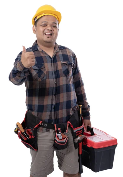 Portrait d'un mécanicien tenant une boîte à outils — Photo