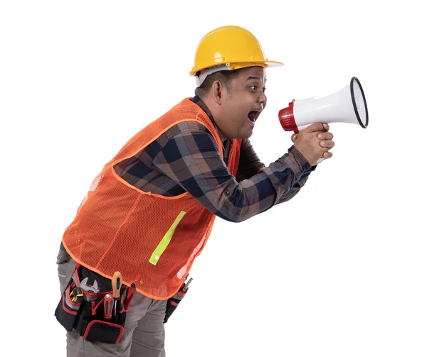Ritratto del costruttore urlare con megafono — Foto Stock