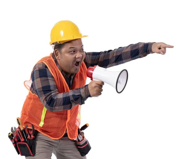 Portrait of serious constructor scream with horn — Stock Photo, Image