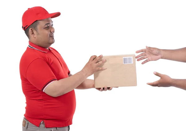 Retrato de entrega hombre celebrar cajas y una mano del cliente — Foto de Stock