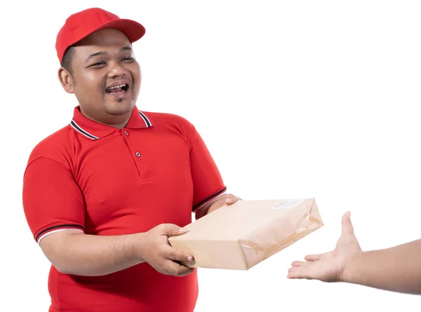 Retrato de entrega hombre celebrar cajas y una mano del cliente — Foto de Stock