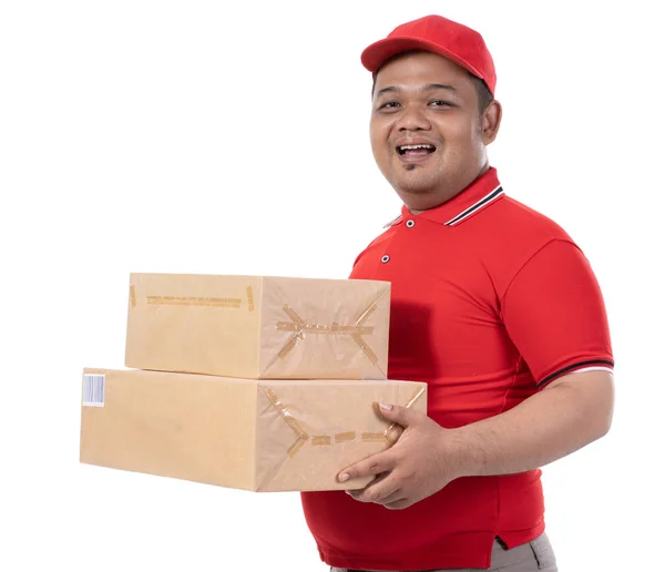 Retrato de entrega hombre sonrisa celebración cajas — Foto de Stock