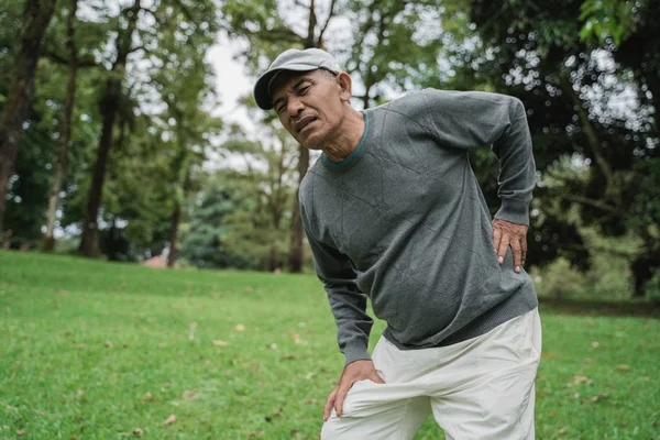 old man having back pain while in the park