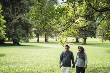 Asya kıdemli çift park ve tutun elinde yürüyüş