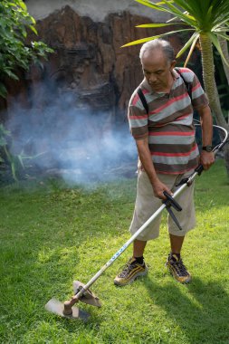 üst düzey Asya adam kendi ev Bahçe çim biçme 