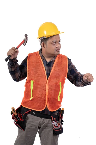 Portrait of serious constructor holding a hammer — Stock Photo, Image