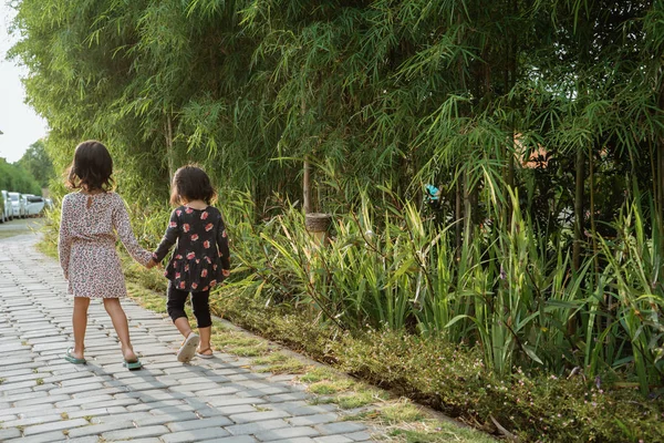 Van kant weergave portret van twee meisje hand in hand elkaar lopen met het verlaten van een park in de middag — Stockfoto