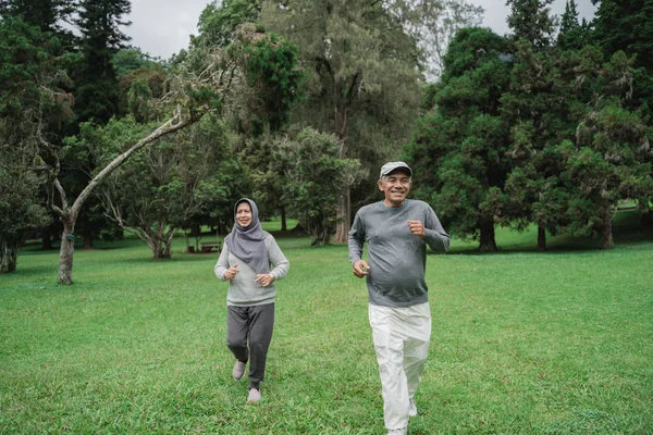 Homem sênior e mulher correndo juntos no parque — Fotografia de Stock