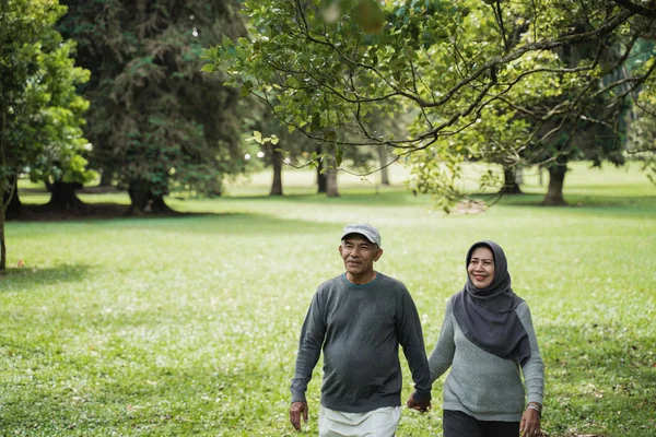 Musulmán pareja de ancianos caminando en el jardín juntos — Foto de Stock