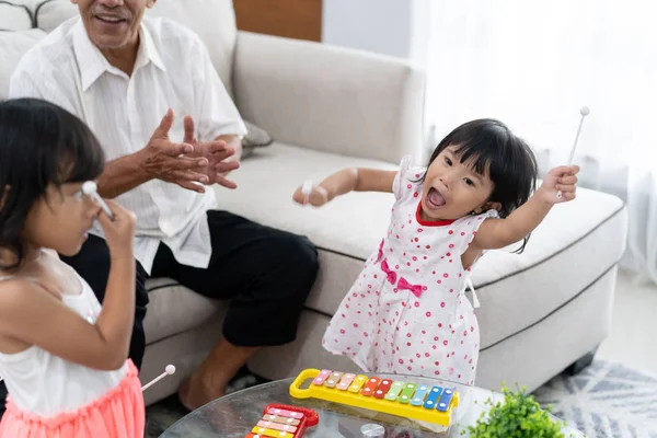 Felicidad de la nieta busca atención cuando se juega el xilófono —  Fotos de Stock