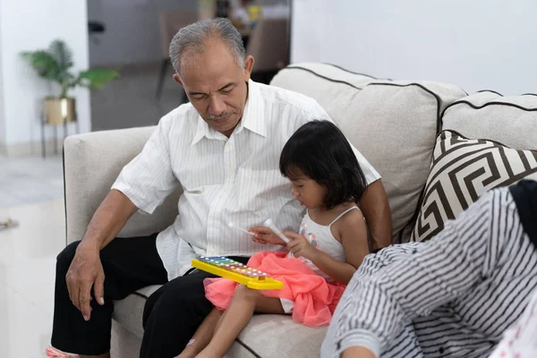 Nieta tocando instrumento de música xilófono con el abuelo —  Fotos de Stock