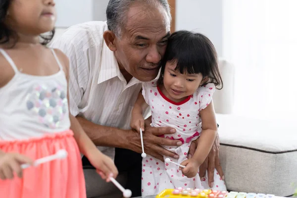 Retrato del abuelo animando a su nieta a jugar el xilófono —  Fotos de Stock