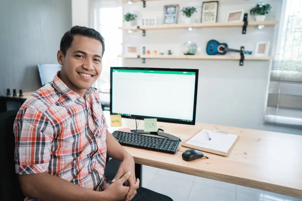 asian man worker relaxed in front of the computer desk