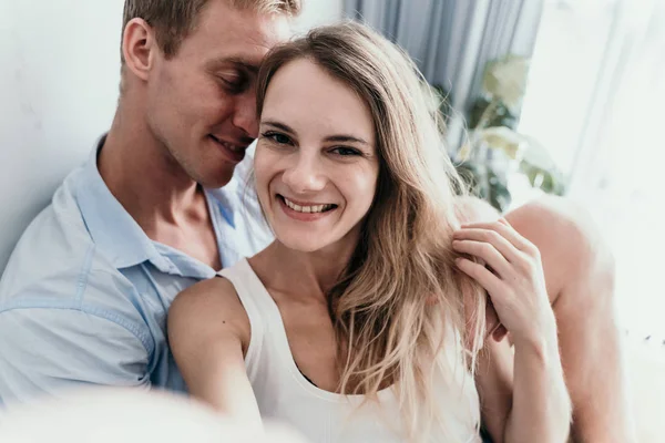 Young lovely couple take selfie together — Stock Photo, Image
