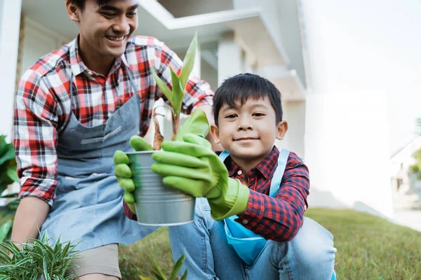 お父さんと息子の彼らの家で一緒に園芸植物を植える — ストック写真