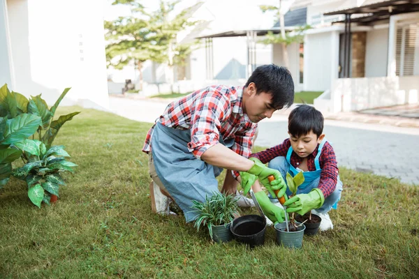 happy asian daddy and son gardening at his house garden
