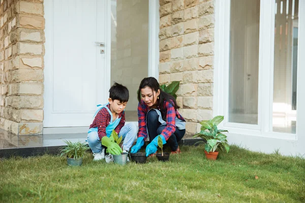 Actividad de jardinería madre e hijo delante de su casa — Foto de Stock