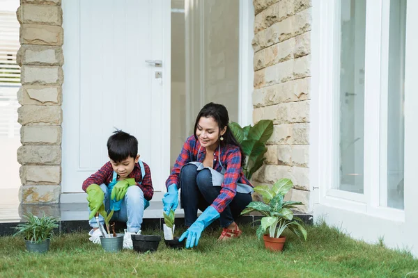 Asiático mamá y su hijo plantando un planta en casa jardín — Foto de Stock