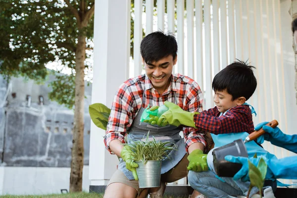 家族と子供の水は、自宅の鍋で若い植物をスプレーします。 — ストック写真