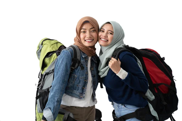 Asiatische muslimische Frau Backpacker isoliert — Stockfoto