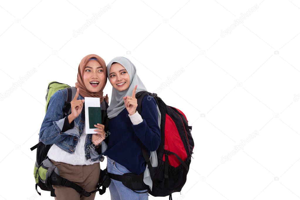 muslim woman backpacker holding passport