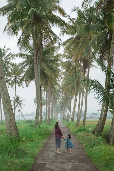 Mamá e hija caminan en camino de campo de coco —  Fotos de Stock