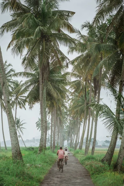 Father and son ride bicycle country road — Stock Photo, Image