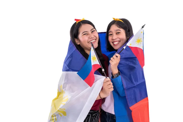 Filipino kobieta trzyma Filipiny Flaga narodowa — Zdjęcie stockowe
