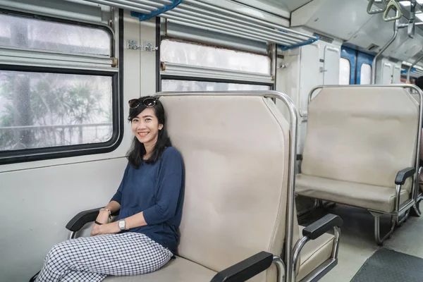 woman in train enjoy the trip