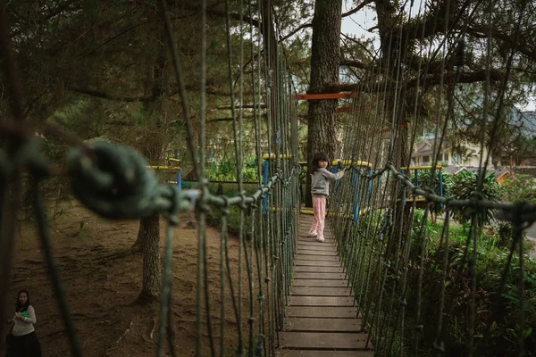 Kid spelen op buiten speeltuin in de natuur Crossing hangende brug — Stockfoto
