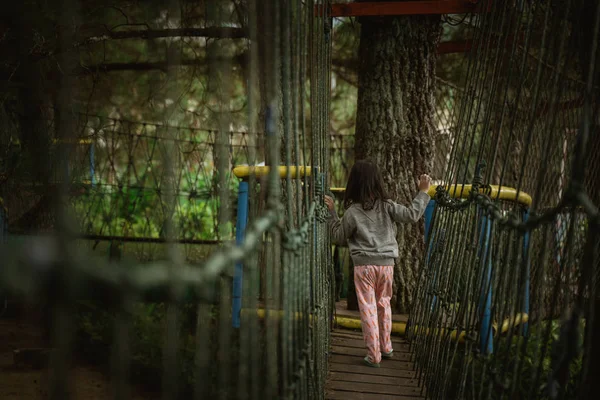 Kid spelen op buiten speeltuin in de natuur Crossing hangende brug — Stockfoto