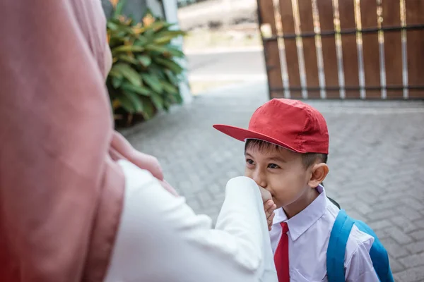 kid shake and kiss his mothers hand before school