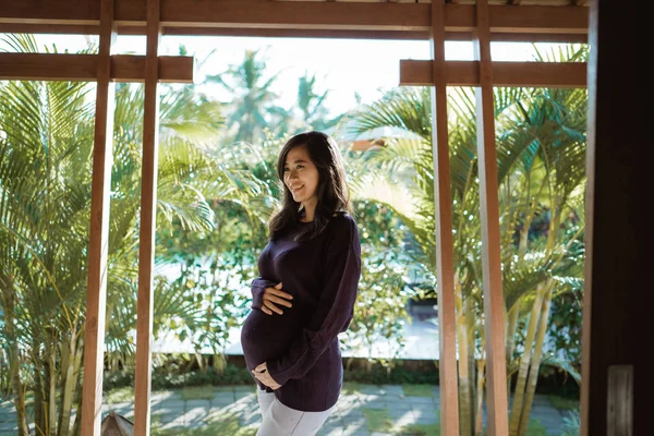 Vista de la felicidad madre embarazada sostiene su vientre — Foto de Stock