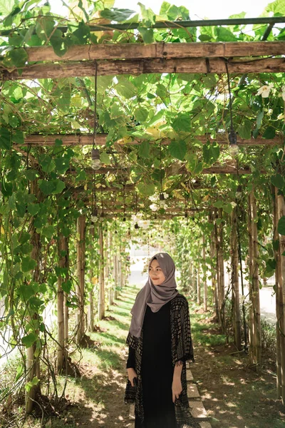 Asian veiled woman smiling under a creeping tree — Stock Photo, Image