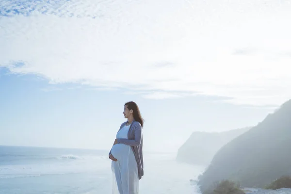 Bela mulher grávida de pé na praia — Fotografia de Stock