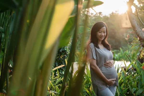 Asiatico incinta donna tenendo il suo ventre quando in piedi tra alberi a il giardino — Foto Stock