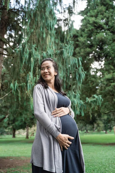 Incinta asiatico giovane donna in piedi nel parco — Foto Stock