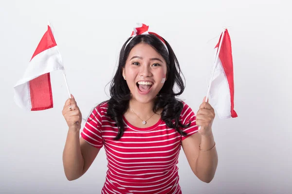 Asya kadın ile Endonezya bayrağı — Stok fotoğraf