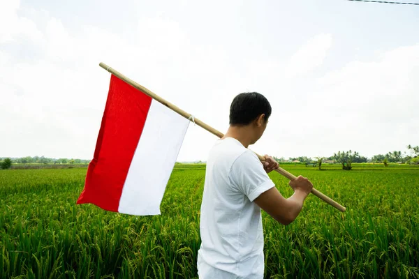 Uomo con bandiera indonesiana dell'indonesia in cima alla montagna — Foto Stock