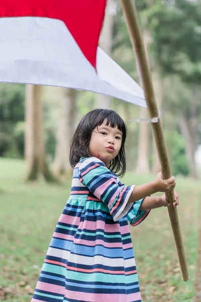 アジアの小さな女の子はインドネシアの旗を羽ばたかせる — ストック写真